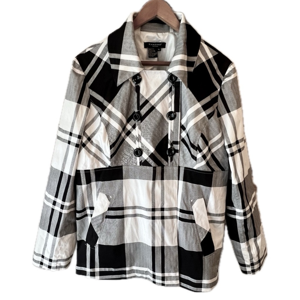 SANDRO Plaid Blazer Double-Breasted Black White XL